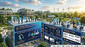 Infographie paysage montrant la collaboration humain-IA dans un bureau moderne, illustrant la hausse de productivité et la création d'emplois.