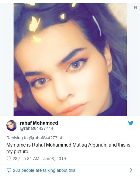 Twitter post by @ rahaf84427714: Je m'appelle Rahaf Mohammed Mutlaq Alqunun et voici ma photo. 