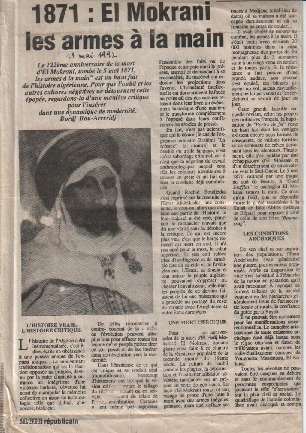 Article de N.E. Tatem sur Alger-Républicain (1992) sur El-Mokrani. 1ère partie