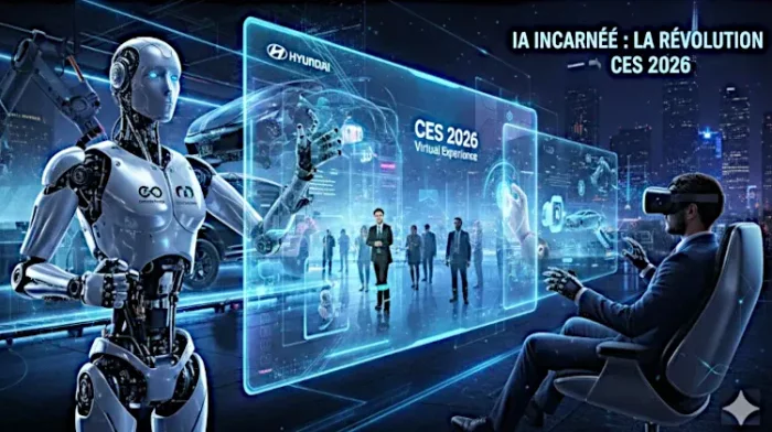 Image créée par IA pour article de N.E. Tatem sur Populi-Scoop, sur le thème de l'expo CES Las Vegas 2026, L'IA dans les ateliers industriels.