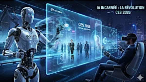 Image créée par IA pour article de N.E. Tatem sur Populi-Scoop, sur le thème de l'expo CES Las Vegas 2026, L'IA dans les ateliers industriels.