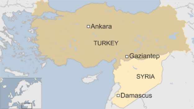 carte de la Turquie et de la Syrie montrant Gaziantep près de la frontière syrienne